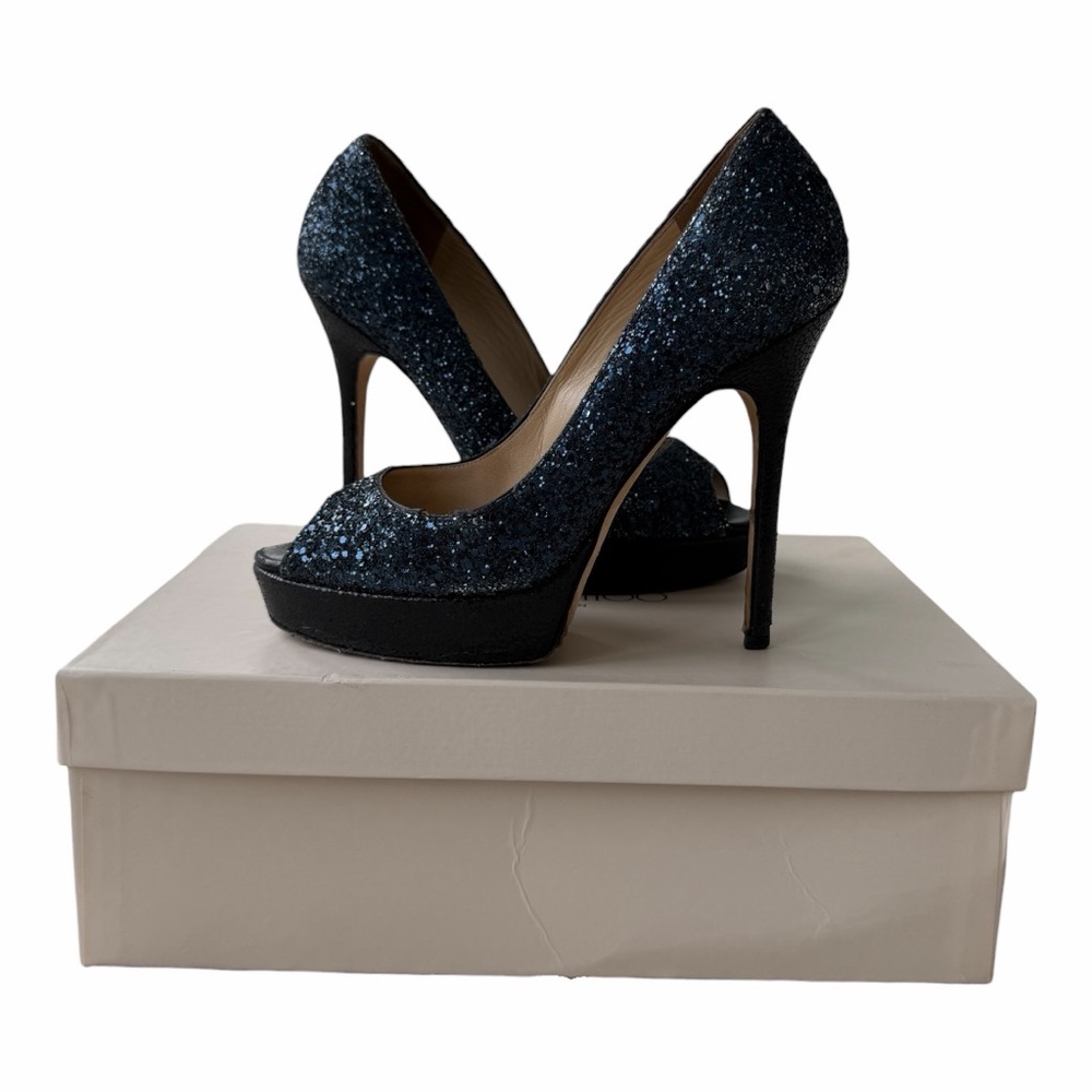 Jimmy Choo Navy Glitter Peep-Toe Heels